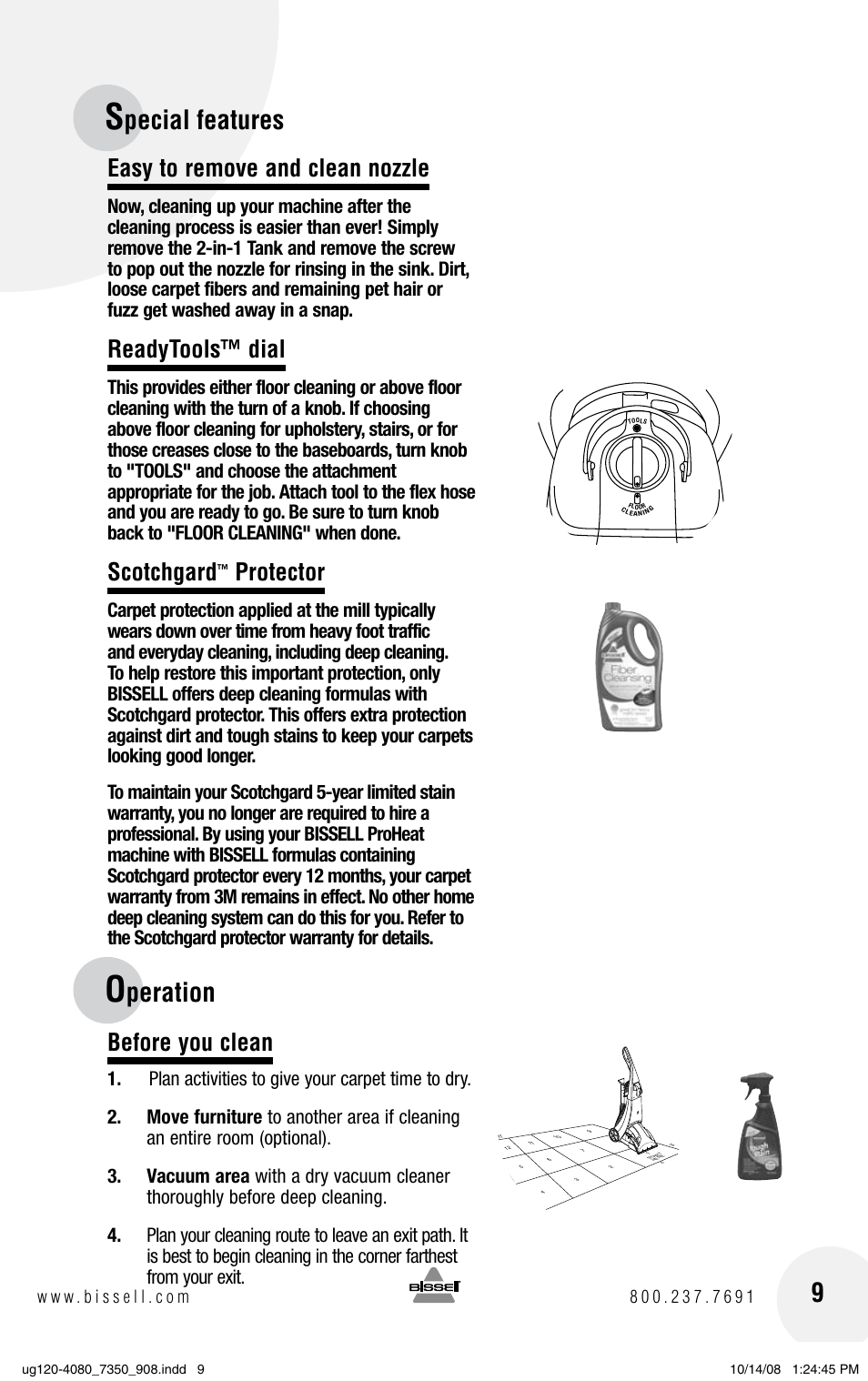 Pecial features, Peration, Easy to remove and clean nozzle | Readytools™ dial, Scotchgard, Protector, Before you clean | Bissell 9500 User Manual | Page 9 / 24