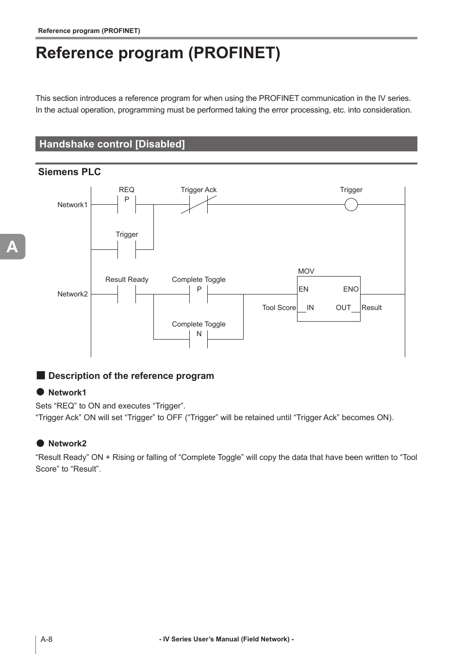 Reference program (profinet), Handshake control [disabled, Siemens plc | Description of the reference program, Description of the reference program ... a-8, Reference program (profinet) a | KEYENCE IV Series User Manual | Page 102 / 110