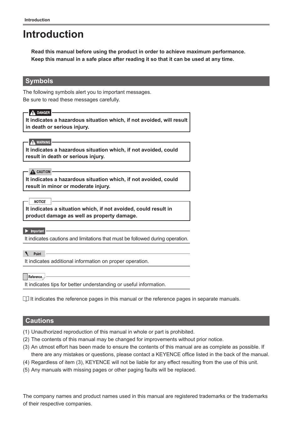 Introduction, Symbols, Cautions | KEYENCE IV Series User Manual | Page 2 / 110