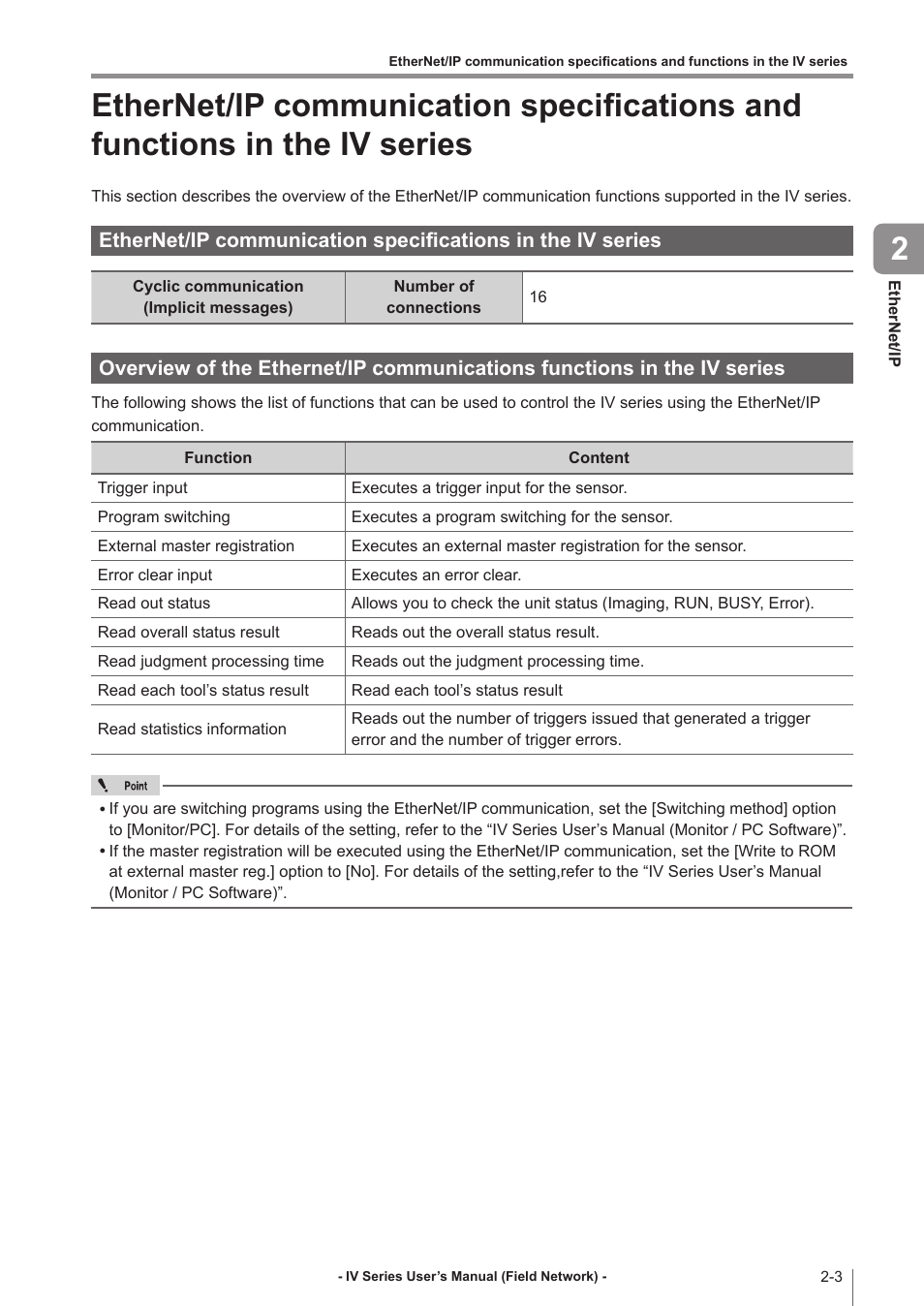 Ethernet/ip communication specifications and, Functions in the iv series -3, Ethernet/ip communication specifications | In the iv series -3, Overview of the ethernet/ip, Communications functions in the iv series -3 | KEYENCE IV Series User Manual | Page 21 / 110