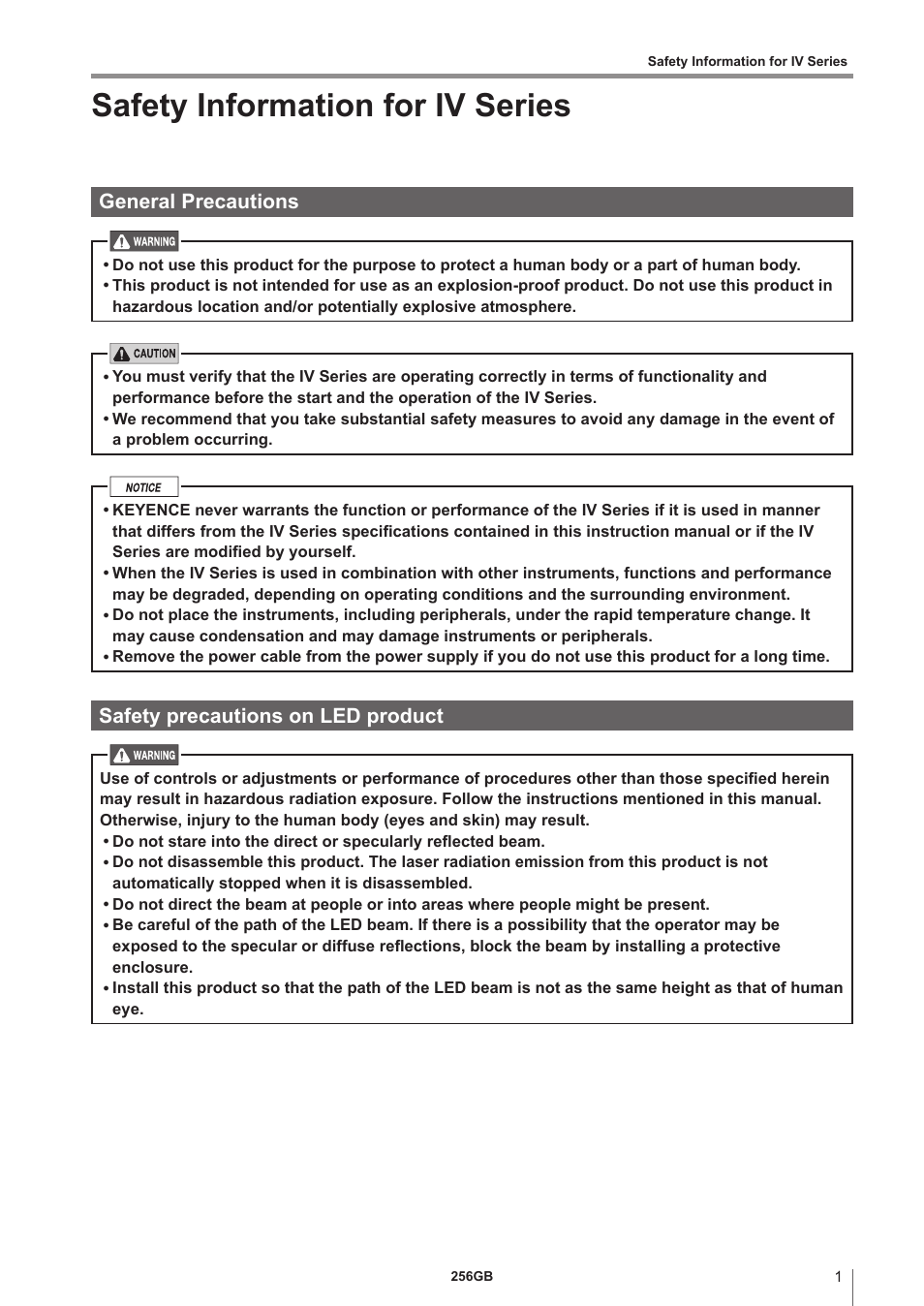 Safety information for iv series, General precautions, Safety precautions on led product | KEYENCE IV Series User Manual | Page 3 / 110