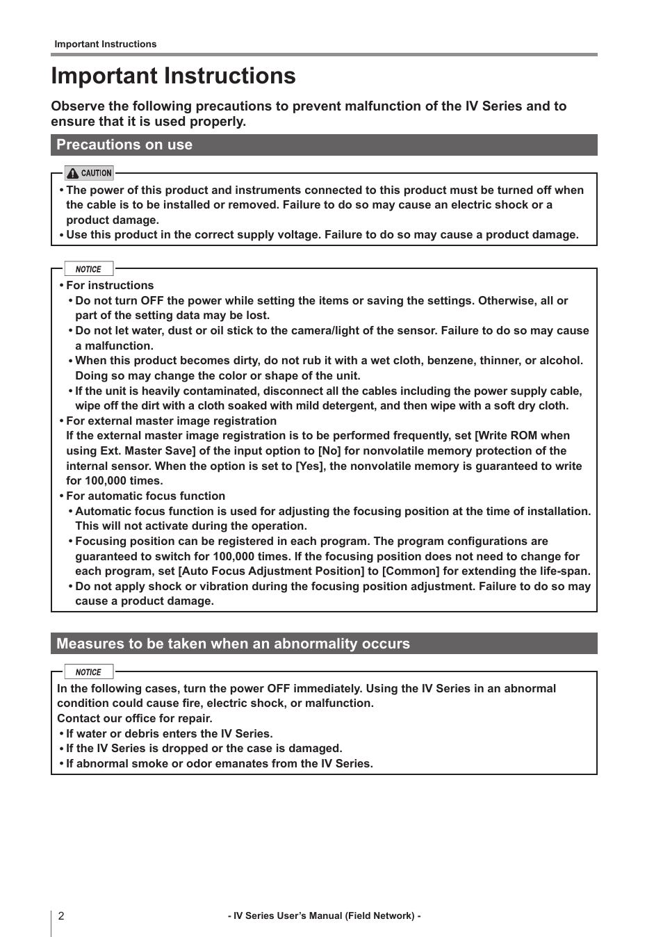 Important instructions, Precautions on use, Measures to be taken when an abnormality occurs | KEYENCE IV Series User Manual | Page 4 / 110