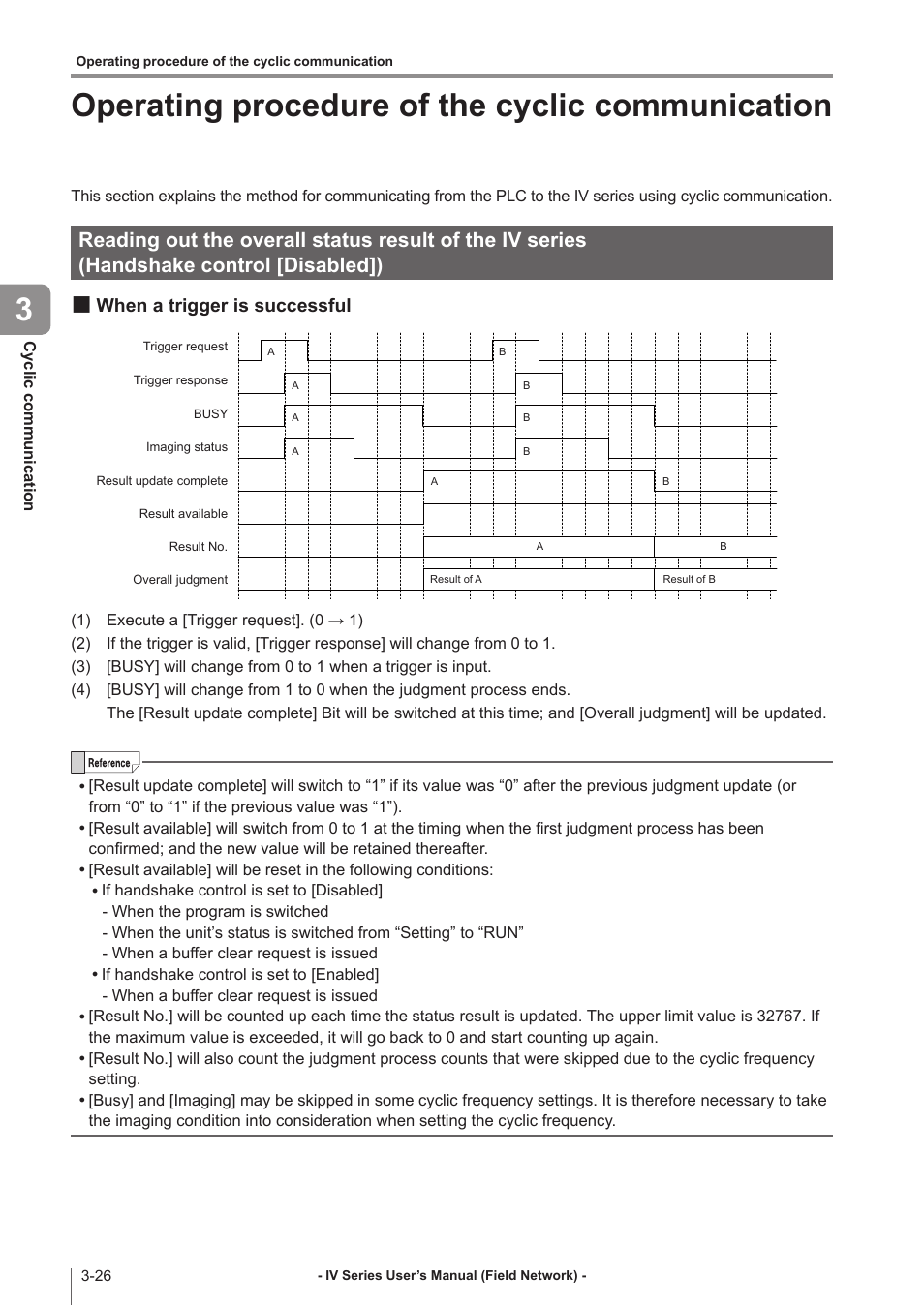 Operating procedure of the cyclic communication, When a trigger is successful, Operating procedure of | The cyclic communication -26, Reading out the overall status result of, The iv series, Handshake control [disabled]) -26, When a trigger is successful -26, Operating procedure of the cyclic communication 3 | KEYENCE IV Series User Manual | Page 48 / 110