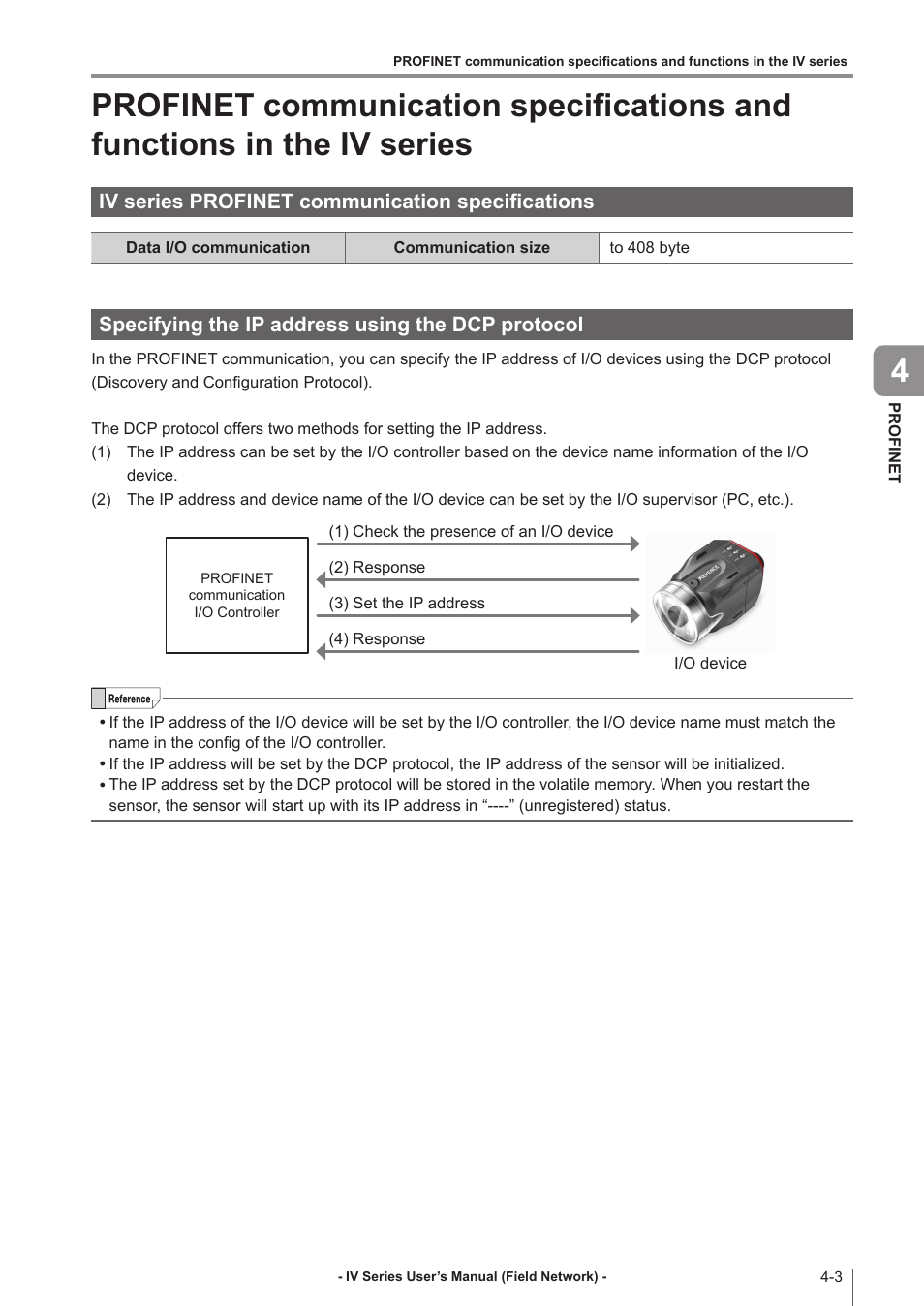 Iv series profinet communication specifications, Specifying the ip address using the dcp protocol, Profinet communication specifications and | Functions in the iv series -3, Iv series profinet communication, Specifications -3, Specifying the ip address using, The dcp protocol -3 | KEYENCE IV Series User Manual | Page 55 / 110