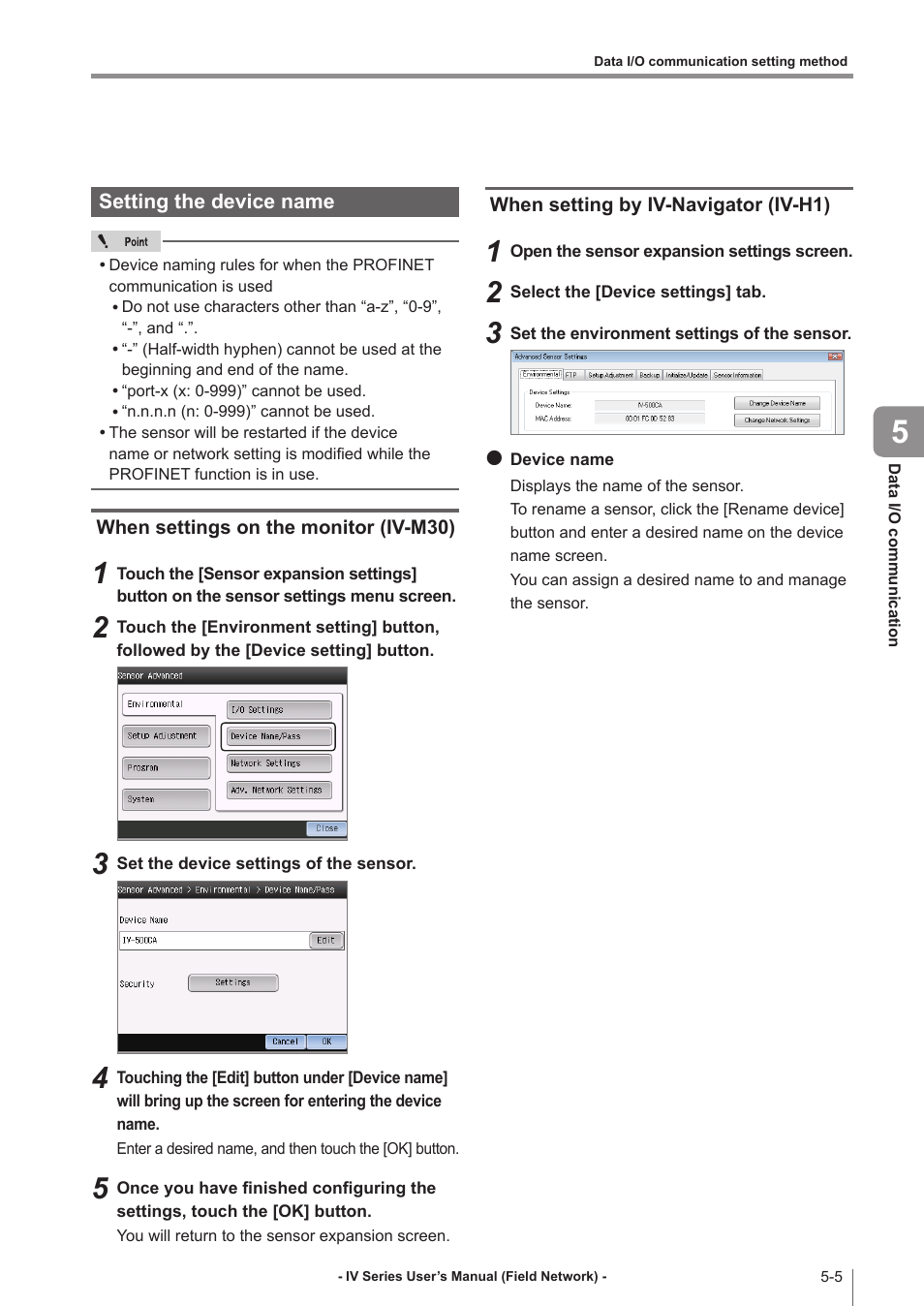 Setting the device name, When settings on the monitor (iv-m30), When setting by iv-navigator (iv-h1) | Setting the device name -5, When settings on the monitor (iv-m30) -5, When setting by iv-navigator (iv-h1) -5 | KEYENCE IV Series User Manual | Page 63 / 110