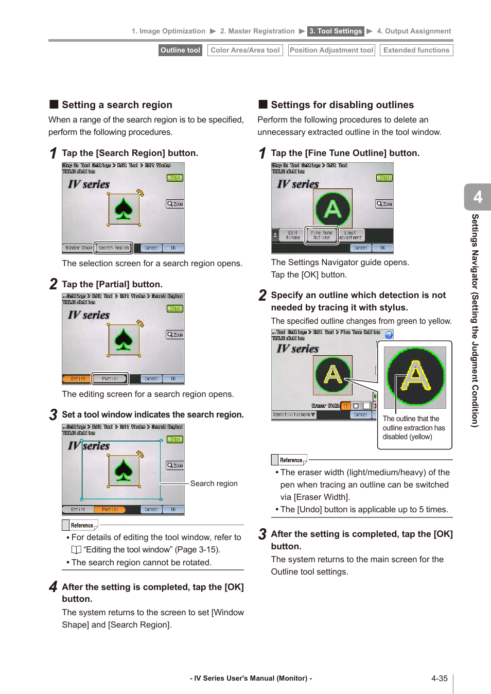 Setting a search region, Settings for disabling outlines, Setting a search region -35 | Settings for disabling outlines -35 | KEYENCE IV Series User Manual | Page 103 / 306