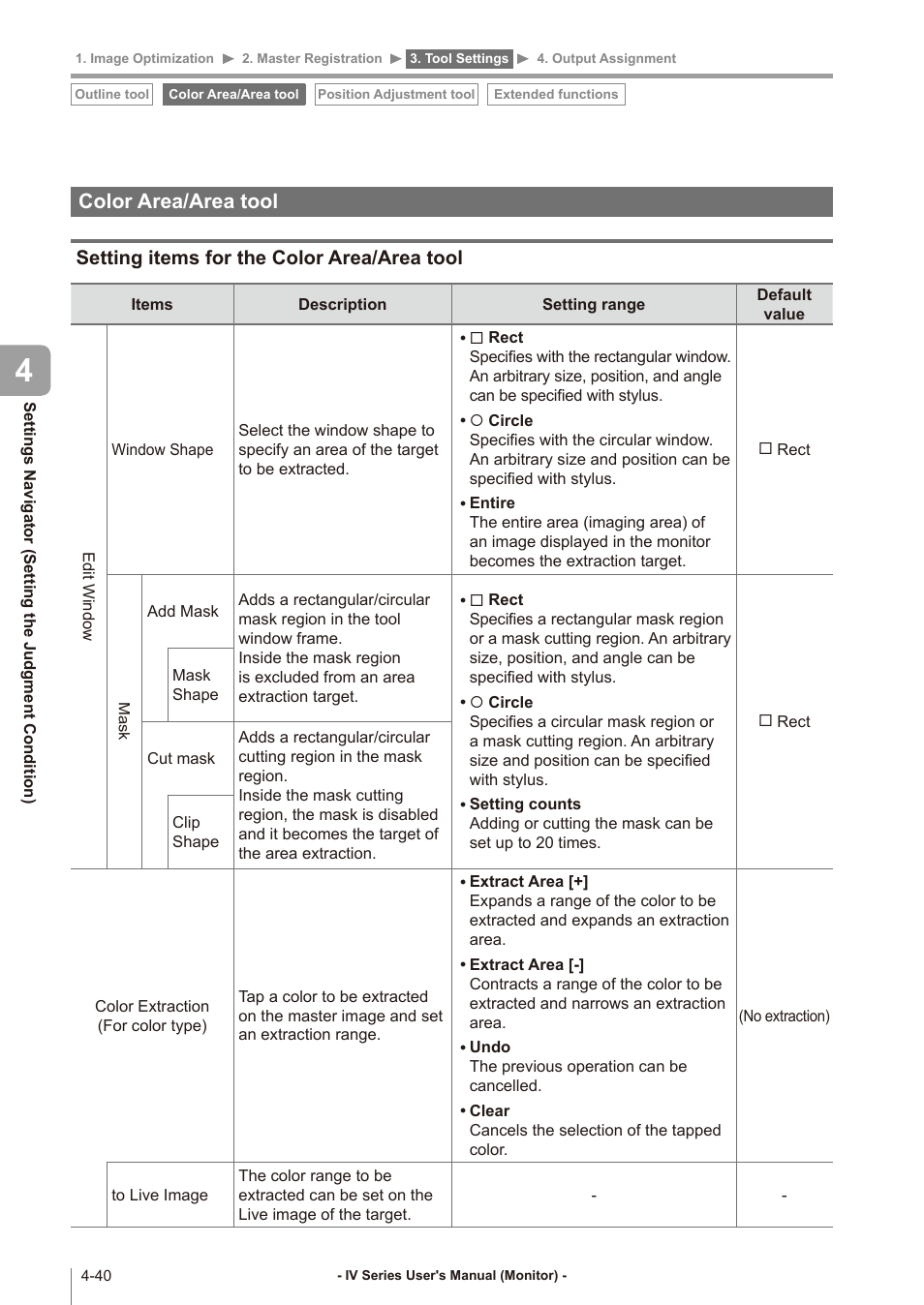 Color area/area tool, Setting items for the color area/area tool, Color area/area tool -40 | Setting items for the color area/area tool -40 | KEYENCE IV Series User Manual | Page 108 / 306