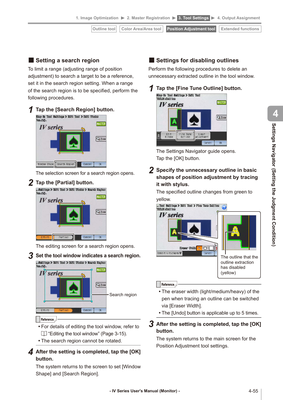 Setting a search region, Settings for disabling outlines, Setting a search region -55 | Settings for disabling outlines -55 | KEYENCE IV Series User Manual | Page 123 / 306