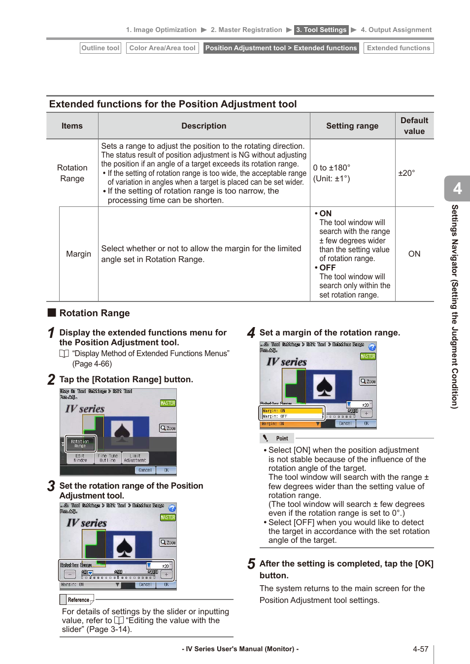 Rotation range, Extended functions for, The position adjustment tool -57 | Rotation range -57, Extended functions for the position | KEYENCE IV Series User Manual | Page 125 / 306