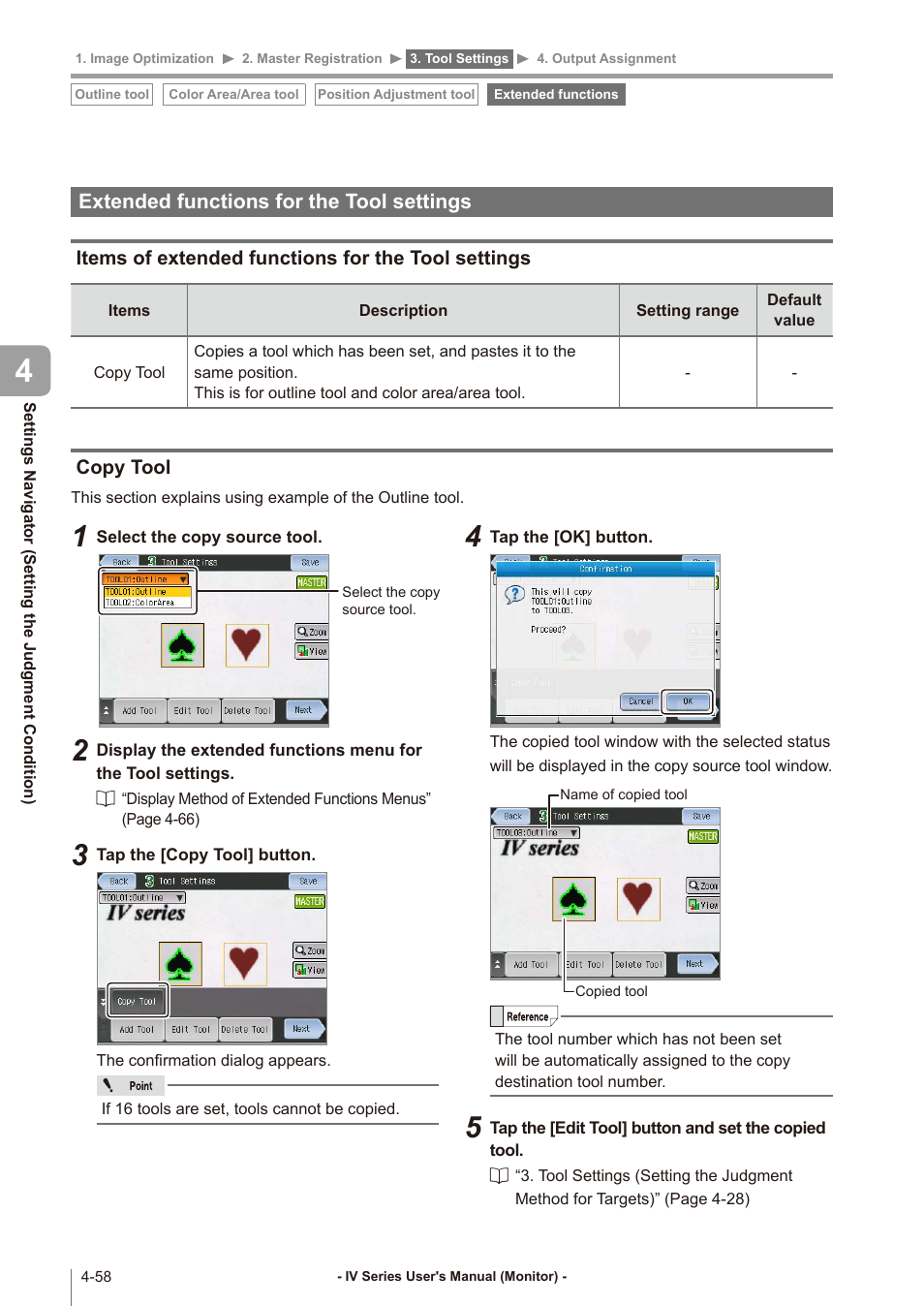 Extended functions for the tool settings, Items of extended functions for the tool settings, Copy tool | Extended functions for the tool settings -58, Items of extended functions for, The tool settings -58, Copy tool -58 | KEYENCE IV Series User Manual | Page 126 / 306