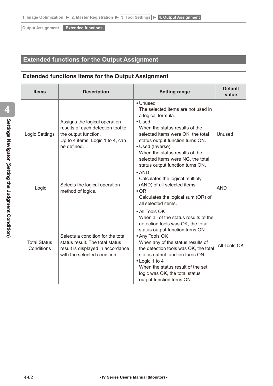 Extended functions for the output assignment, Extended functions items for the output assignment, Extended functions for | The output assignment -62, Extended functions items for | KEYENCE IV Series User Manual | Page 130 / 306