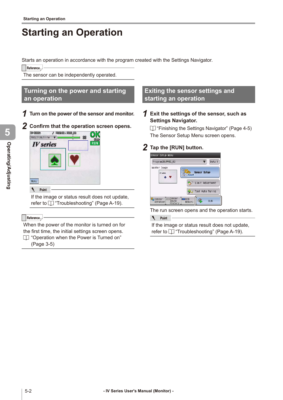 Starting an operation, Turning on the power and starting an operation, Starting an operation -2 | Turning on the power and, Exiting the sensor settings and, Starting an operation 5 | KEYENCE IV Series User Manual | Page 136 / 306