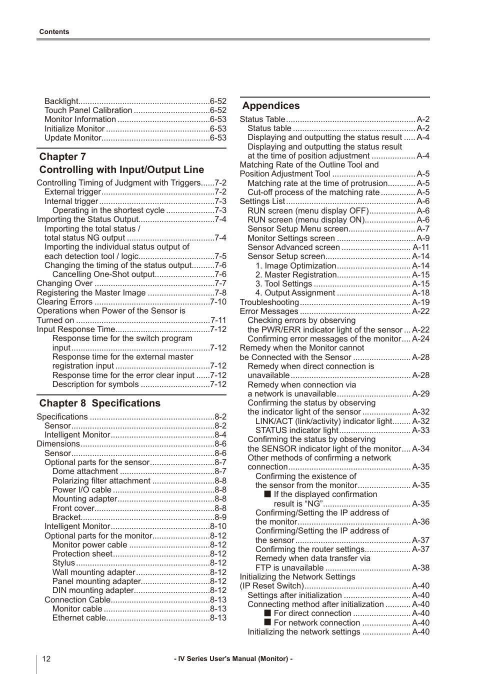 Chapter 7 controlling with input/output line, Chapter 8 specifications, Appendices | KEYENCE IV Series User Manual | Page 14 / 306