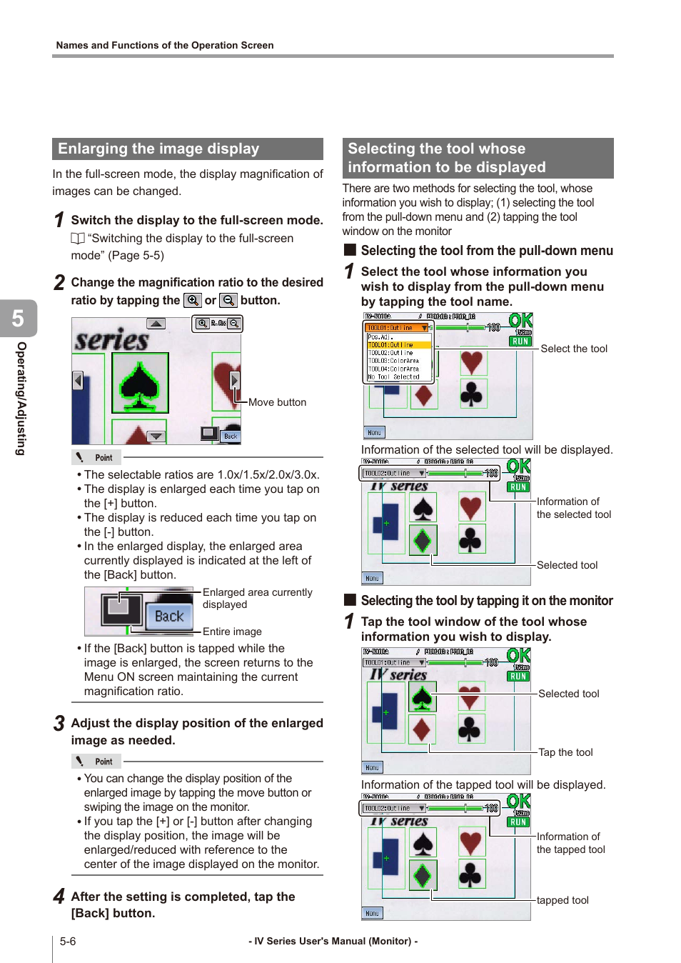 Enlarging the image display, Selecting the tool from the pull-down menu, Selecting the tool by tapping it on the monitor | Enlarging the image display -6, Selecting the tool whose information to be, Displayed -6, Selecting the tool from, The pull-down menu -6, Selecting the tool by tapping it on, The monitor -6 | KEYENCE IV Series User Manual | Page 140 / 306