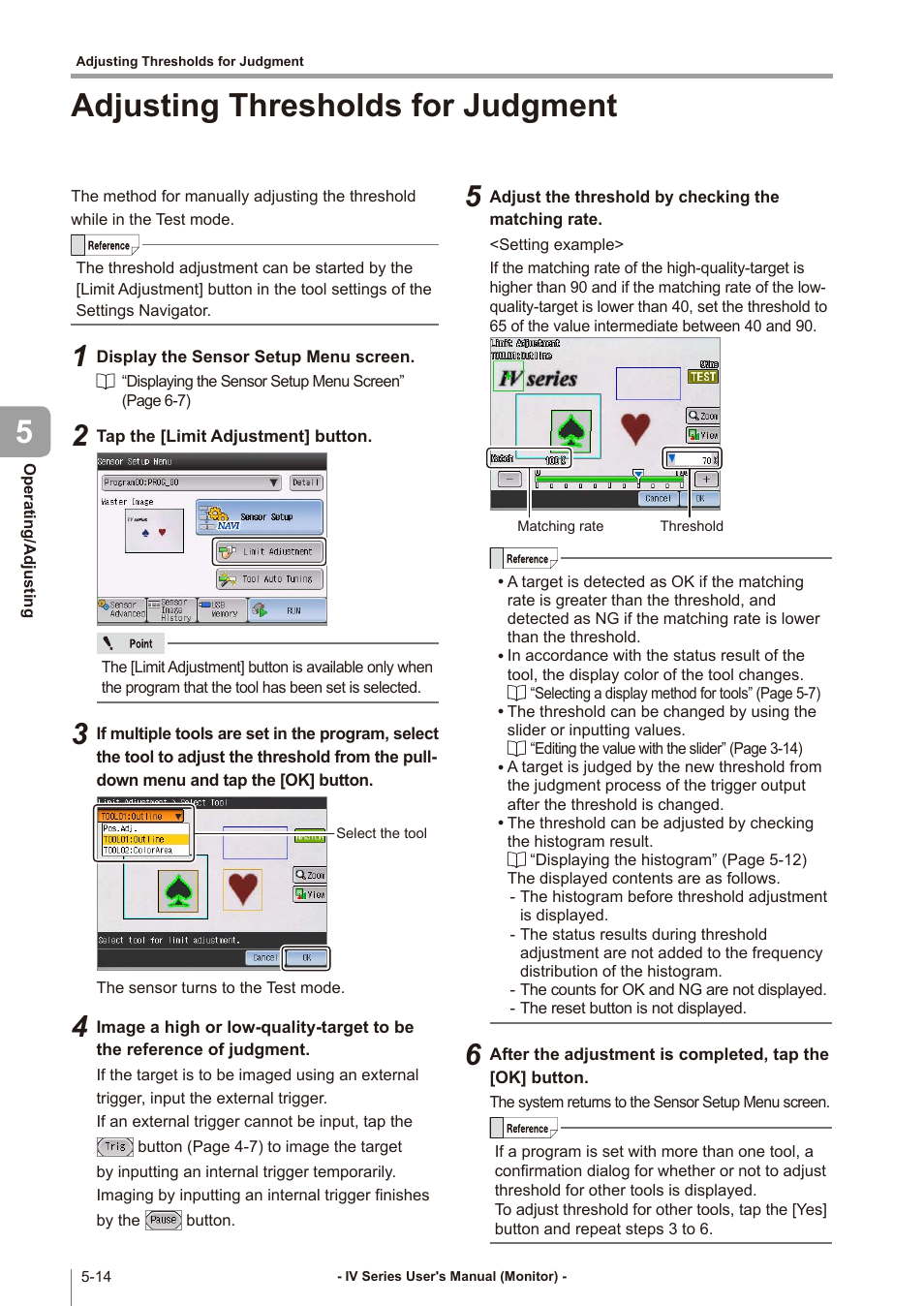 Adjusting thresholds for judgment, Adjusting thresholds for judgment -14, Adjusting thresholds for | Adjusting thresholds for judgment 5 | KEYENCE IV Series User Manual | Page 148 / 306