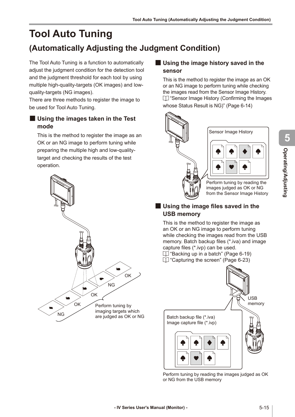 Tool auto tuning (automatically, Adjusting the judgment condition) -15, Using the images taken in | The test mode -15, Using the image history saved in, The sensor -15, Using the image files saved in, The usb memory -15, Adjusting the judgment, Tool auto tuning | KEYENCE IV Series User Manual | Page 149 / 306