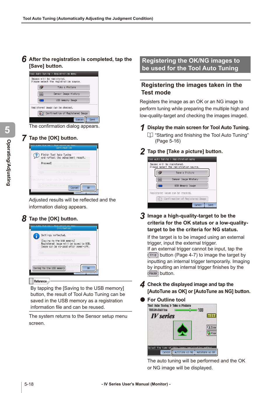 Registering the images taken in the test mode, Registering the ok/ng images to be used, For the tool auto tuning -18 | Registering the images taken in, The test mode -18, Registering the images taken in the test | KEYENCE IV Series User Manual | Page 152 / 306