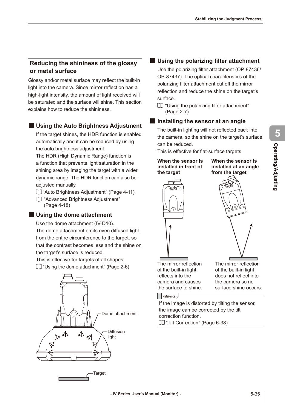 Using the auto brightness adjustment, Using the dome attachment, Using the polarizing filter attachment | Installing the sensor at an angle, Reducing the shininess of the glossy or, Metal surface -35, Using the auto brightness adjustment -35, Using the dome attachment -35, Using the polarizing filter attachment -35, Installing the sensor at an angle -35 | KEYENCE IV Series User Manual | Page 169 / 306