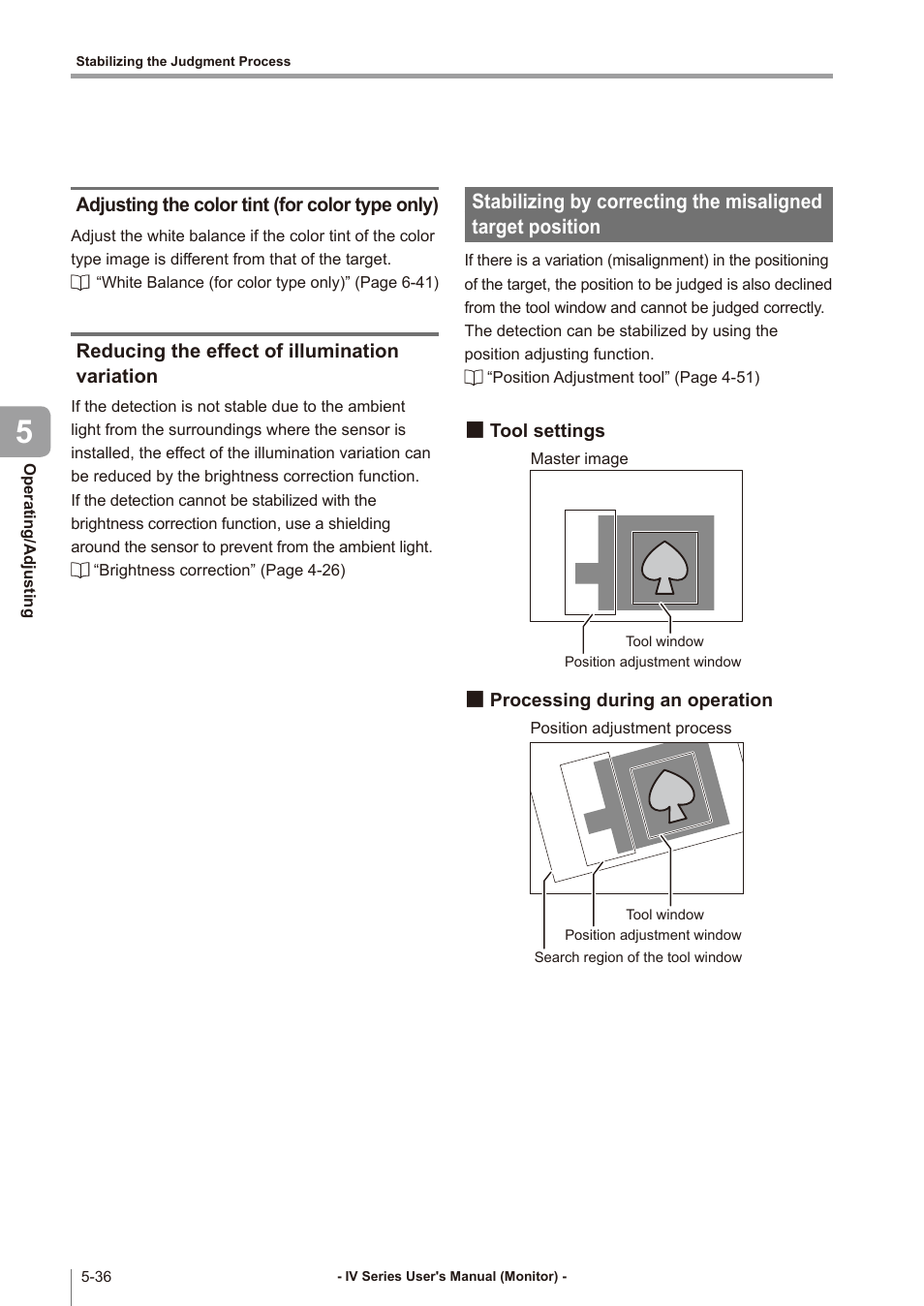 Adjusting the color tint (for color type only), Reducing the effect of illumination variation, Tool settings | Processing during an operation, Adjusting the color tint (for color type only) -36, Reducing the effect of, Illumination variation -36, Stabilizing by correcting, The misaligned target position -36, Tool settings -36 | KEYENCE IV Series User Manual | Page 170 / 306