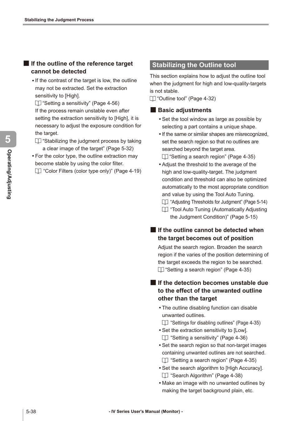 Stabilizing the outline tool, Basic adjustments, If the outline of the reference target | Cannot be detected -38, Stabilizing the outline tool -38, Basic adjustments -38, If the outline cannot be detected, When the target becomes, Out of position -38, If the detection becomes unstable | KEYENCE IV Series User Manual | Page 172 / 306