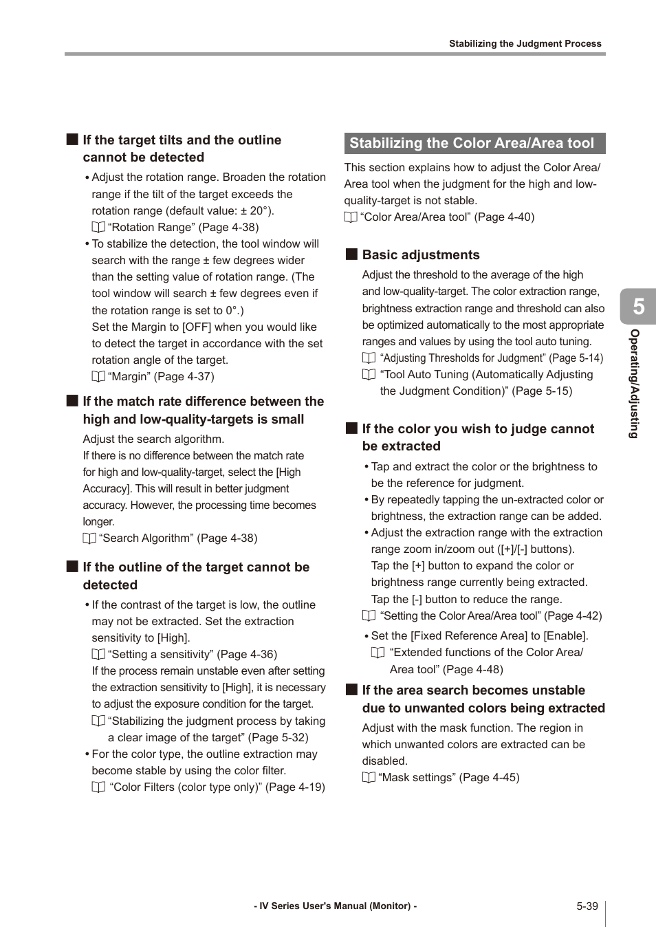 If the outline of the target cannot be detected, Stabilizing the color area/area tool, Basic adjustments | If the color you wish to judge cannot be extracted, If the target tilts and the outline, Cannot be detected -39, If the match rate difference, Between the high and, Low-quality-targets is small -39, If the outline of the target cannot | KEYENCE IV Series User Manual | Page 173 / 306