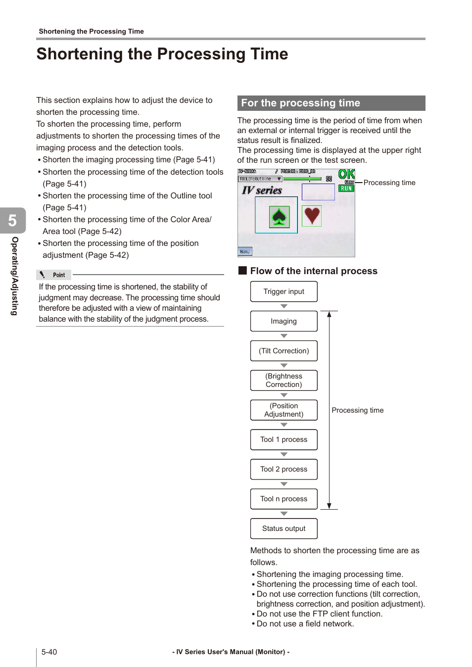 Shortening the processing time, For the processing time, Flow of the internal process | Shortening the processing time -40, For the processing time -40, Flow of the internal process -40, Shortening the processing time 5 | KEYENCE IV Series User Manual | Page 174 / 306