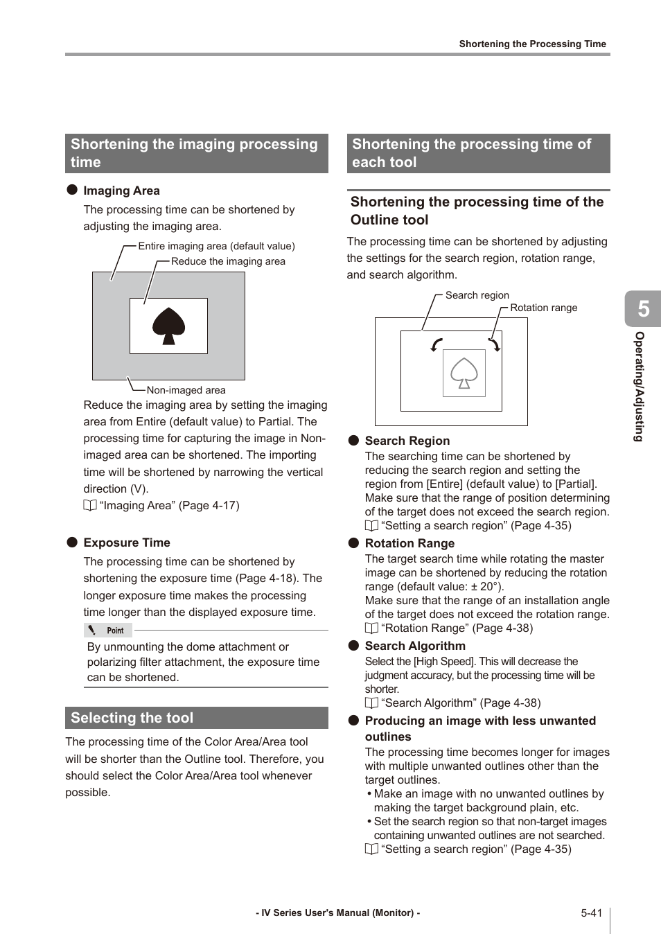 Shortening the imaging processing time, Selecting the tool, Shortening the processing time of each tool | Shortening the processing time of the outline tool, Shortening the imaging processing time -41, Selecting the tool -41, Shortening the processing time of each tool -41, Shortening the processing time of, The outline tool -41 | KEYENCE IV Series User Manual | Page 175 / 306