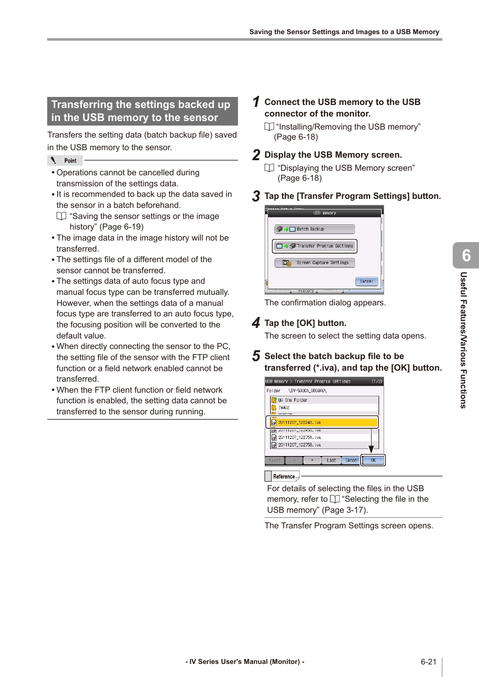 Transferring the settings backed up in, The usb memory to the sensor -21 | KEYENCE IV Series User Manual | Page 197 / 306