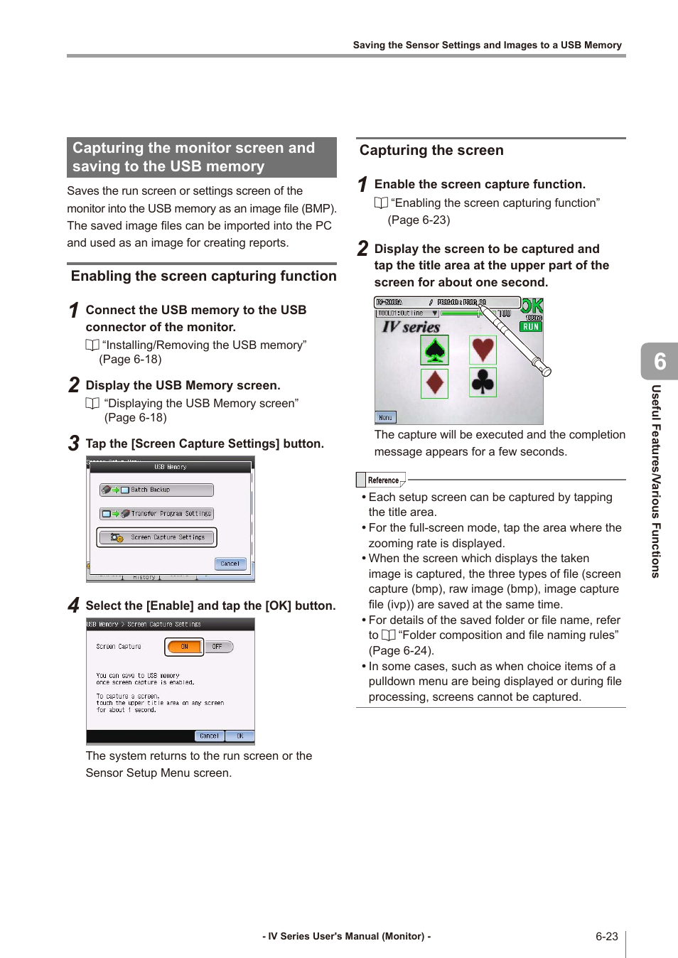 Enabling the screen capturing function, Capturing the screen, Capturing the monitor screen and | Saving to the usb memory -23, Enabling the screen capturing function -23, Capturing the screen -23 | KEYENCE IV Series User Manual | Page 199 / 306