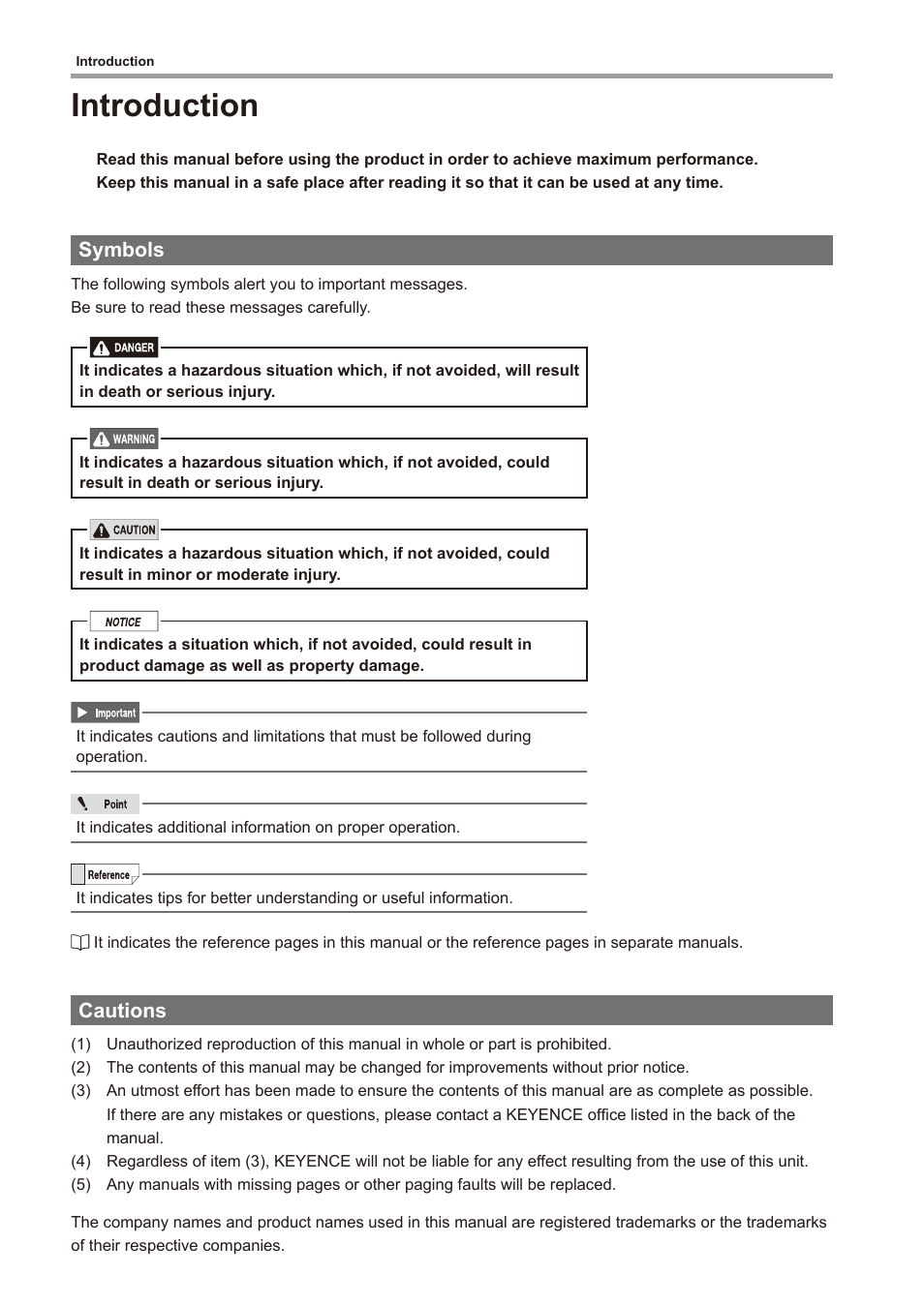 Introduction, Symbols, Cautions | KEYENCE IV Series User Manual | Page 2 / 306