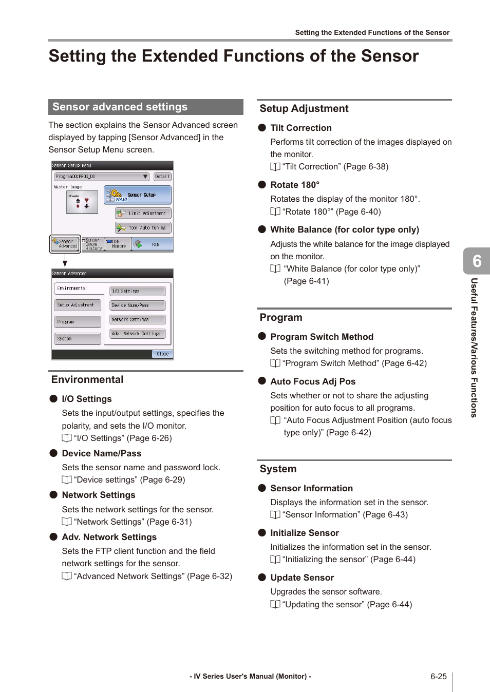 Setting the extended functions of the sensor, Sensor advanced settings, Environmental | Setup adjustment, Program, System, Setting the extended functions of the sensor -25, Sensor advanced settings -25, Environmental -25, Setup adjustment -25 | KEYENCE IV Series User Manual | Page 201 / 306