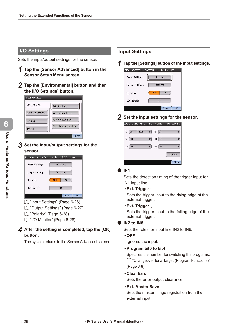 I/o settings, Input settings, I/o settings -26 | Input settings -26 | KEYENCE IV Series User Manual | Page 202 / 306