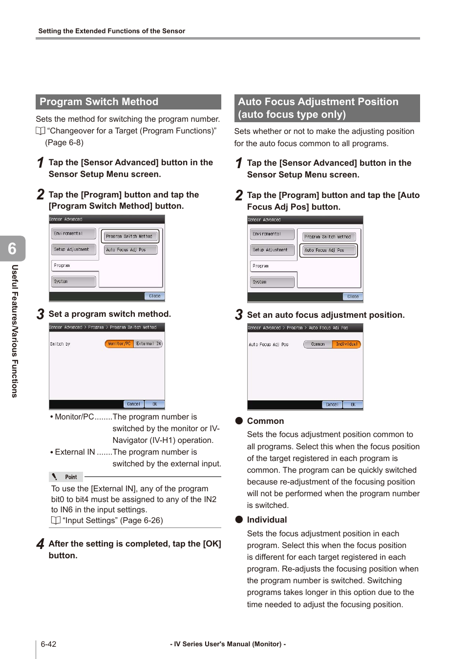 Program switch method, Program switch method -42, Auto focus adjustment position | Auto focus type only) -42 | KEYENCE IV Series User Manual | Page 218 / 306