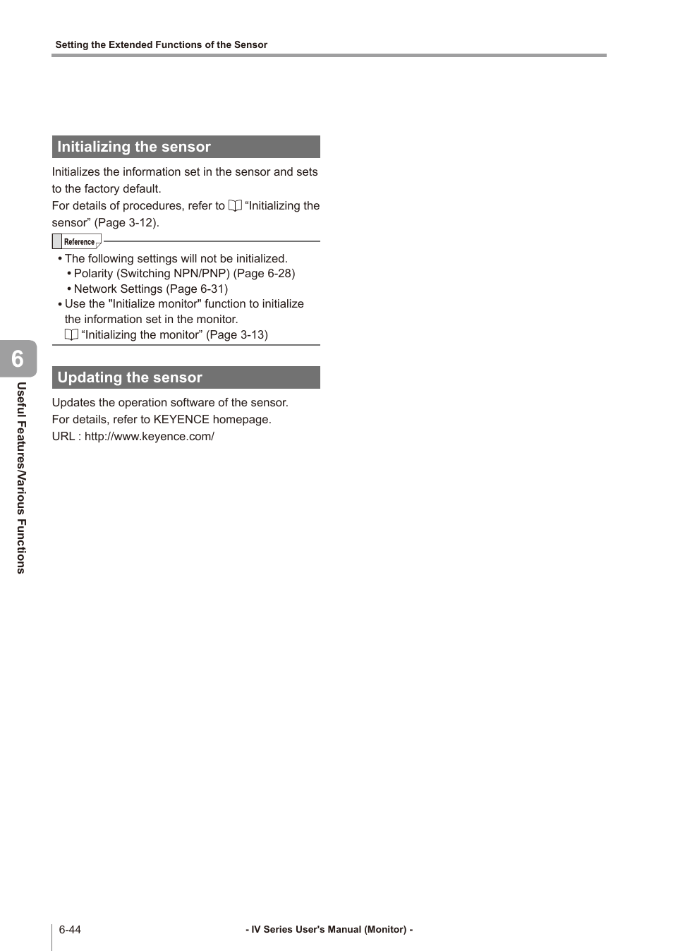 Initializing the sensor, Updating the sensor, Initializing the sensor -44 | Updating the sensor -44 | KEYENCE IV Series User Manual | Page 220 / 306