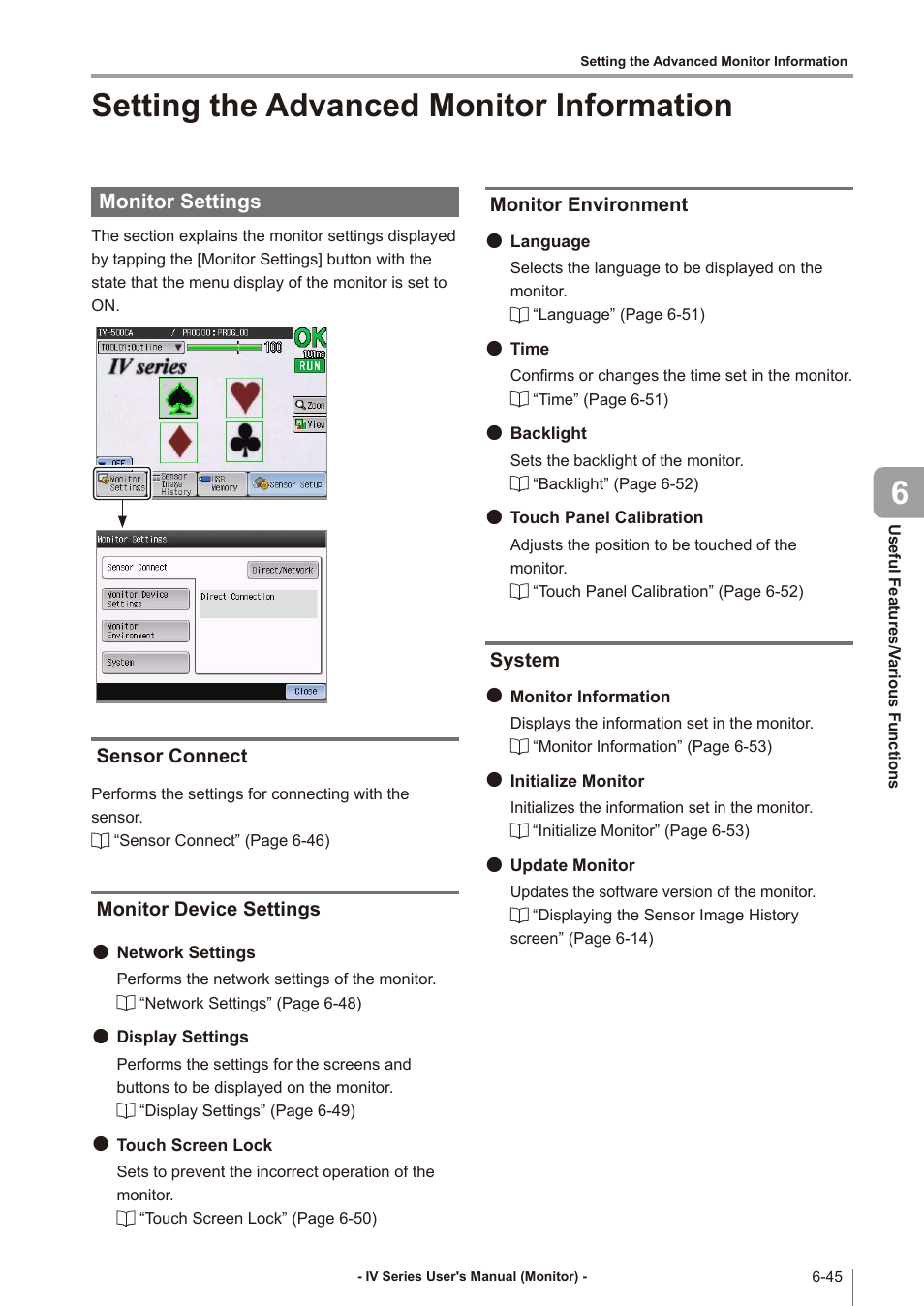 Setting the advanced monitor information, Monitor settings, Sensor connect | Monitor device settings, Monitor environment, System, Setting the advanced monitor information -45, Monitor settings -45, Sensor connect -45, Monitor device settings -45 | KEYENCE IV Series User Manual | Page 221 / 306