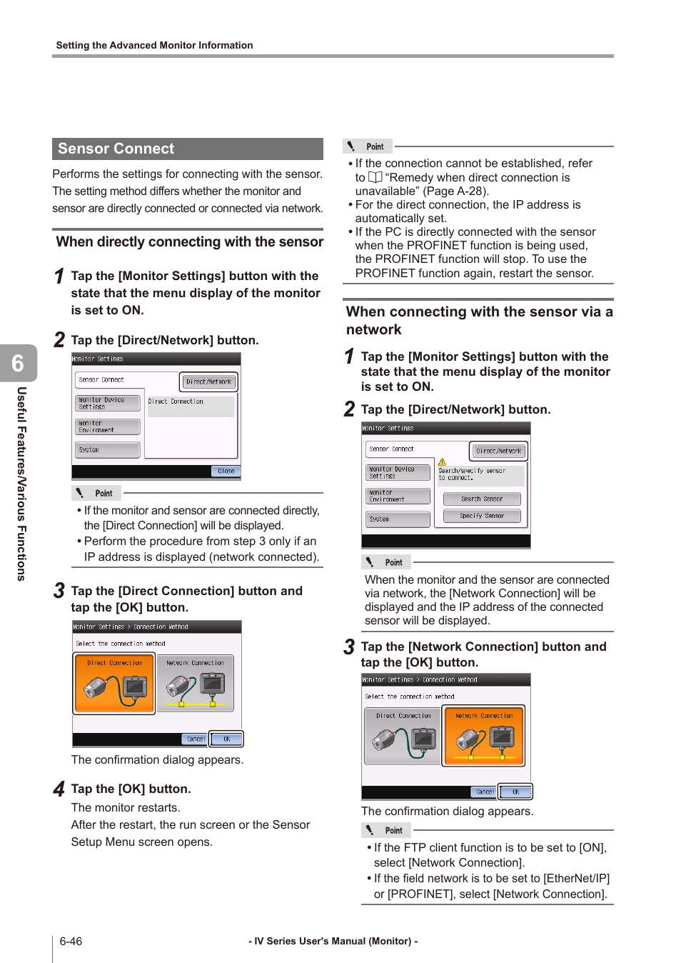 Sensor connect, When directly connecting with the sensor, When connecting with the sensor via a network | Sensor connect -46, When directly connecting with the sensor -46, When connecting with the sensor, Via a network -46 | KEYENCE IV Series User Manual | Page 222 / 306