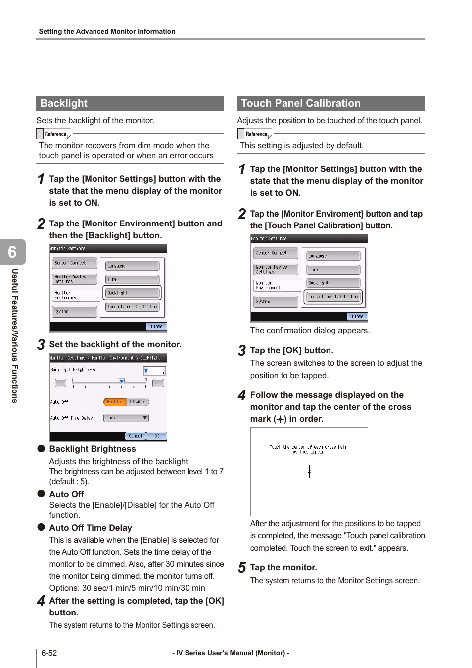 Backlight, Touch panel calibration, Backlight -52 | Touch panel calibration -52 | KEYENCE IV Series User Manual | Page 228 / 306