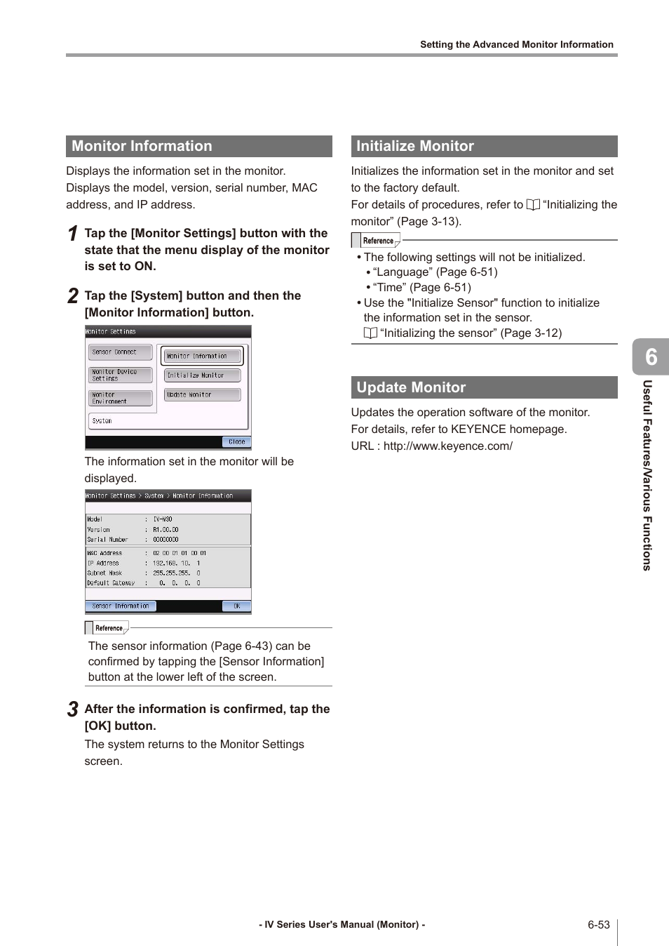 Monitor information, Initialize monitor, Update monitor | Monitor information -53, Initialize monitor -53, Update monitor -53 | KEYENCE IV Series User Manual | Page 229 / 306