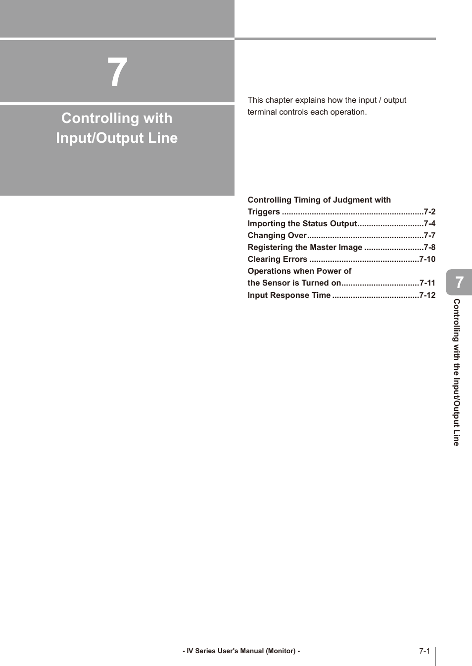 Chapter 7 controlling with input/output line, Controlling with, The input/output line | Chapter 7, Controlling with input/output line | KEYENCE IV Series User Manual | Page 231 / 306