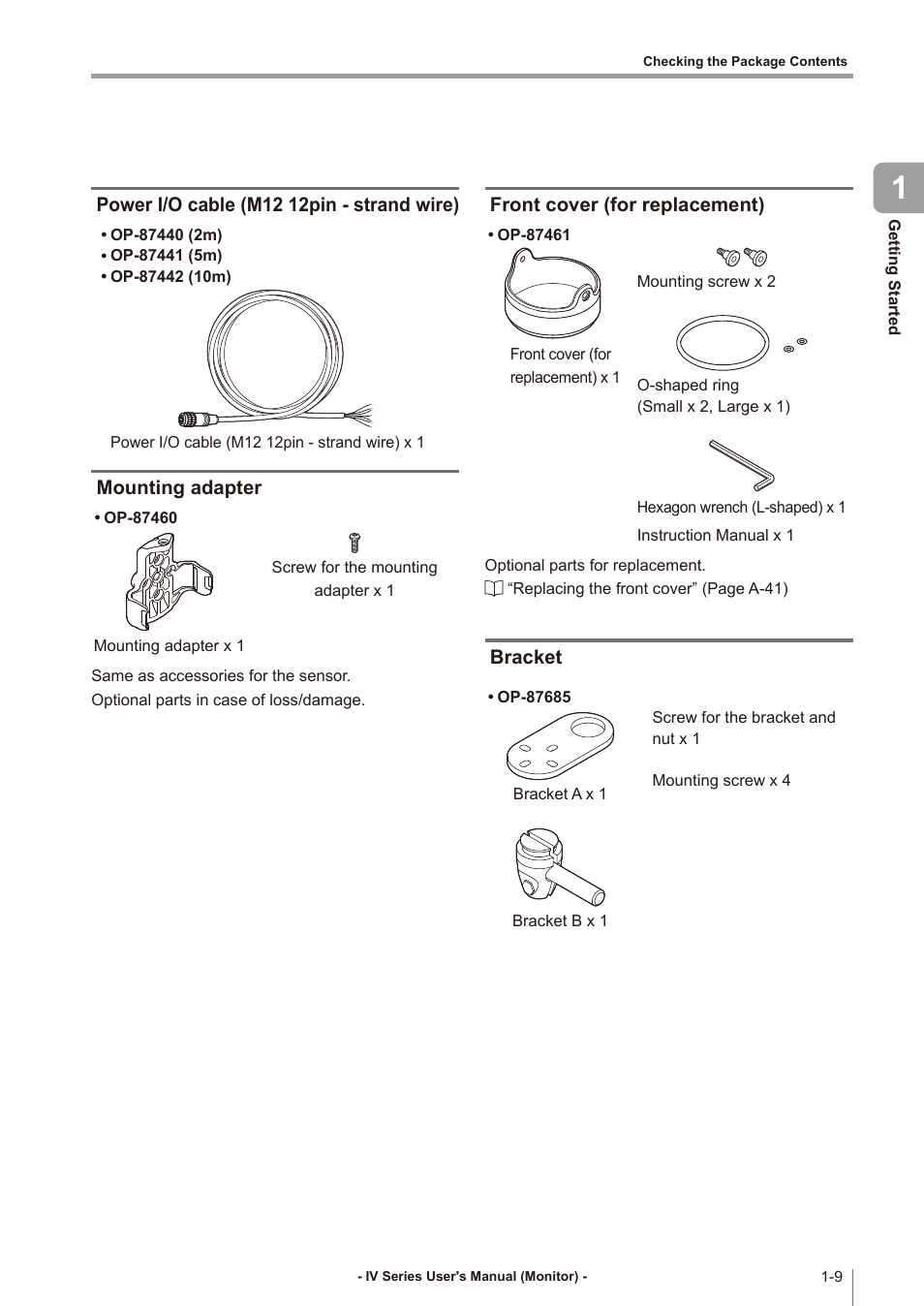 Power i/o cable (m12 12pin - strand wire), Mounting adapter, Front cover (for replacement) | Bracket, Power i/o cable (m12 12pin - strand wire) -9, Mounting adapter -9, Front cover (for replacement) -9, Bracket -9 | KEYENCE IV Series User Manual | Page 25 / 306