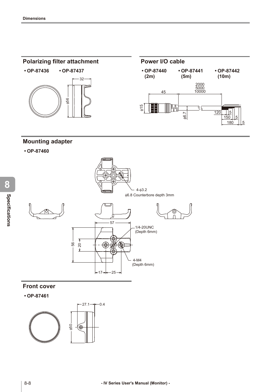 Polarizing filter attachment, Power i/o cable, Mounting adapter | Front cover, Polarizing filter attachment -8, Power i/o cable -8, Mounting adapter -8, Front cover -8 | KEYENCE IV Series User Manual | Page 250 / 306