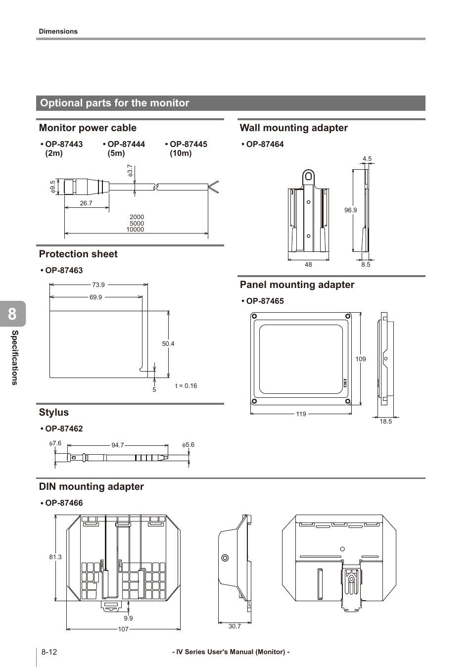 Optional parts for the monitor, Monitor power cable, Protection sheet | Stylus, Wall mounting adapter, Panel mounting adapter, Din mounting adapter, Optional parts for the monitor -12, Monitor power cable -12, Protection sheet -12 | KEYENCE IV Series User Manual | Page 254 / 306