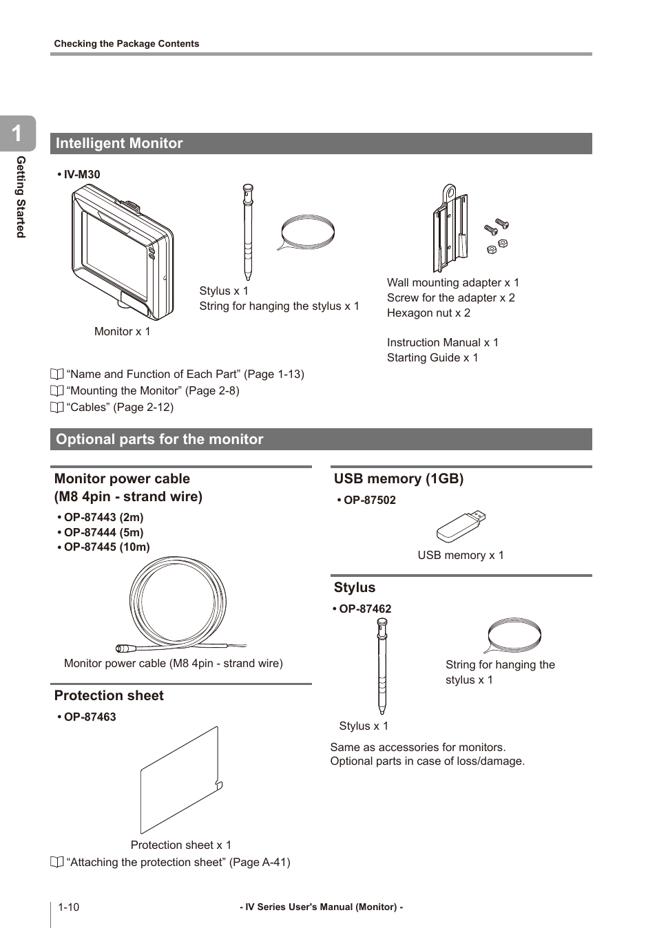 Intelligent monitor, Optional parts for the monitor, Monitor power cable (m8 4pin - strand wire) | Protection sheet, Usb memory (1gb), Stylus, Intelligent monitor -10, Optional parts for the monitor -10, Monitor power cable, M8 4pin - strand wire) -10 | KEYENCE IV Series User Manual | Page 26 / 306