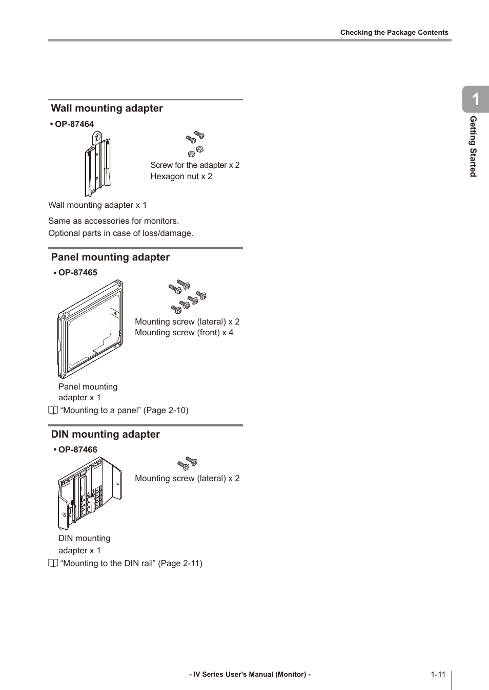 Wall mounting adapter, Panel mounting adapter, Din mounting adapter | Wall mounting adapter -11, Panel mounting adapter -11, Din mounting adapter -11 | KEYENCE IV Series User Manual | Page 27 / 306