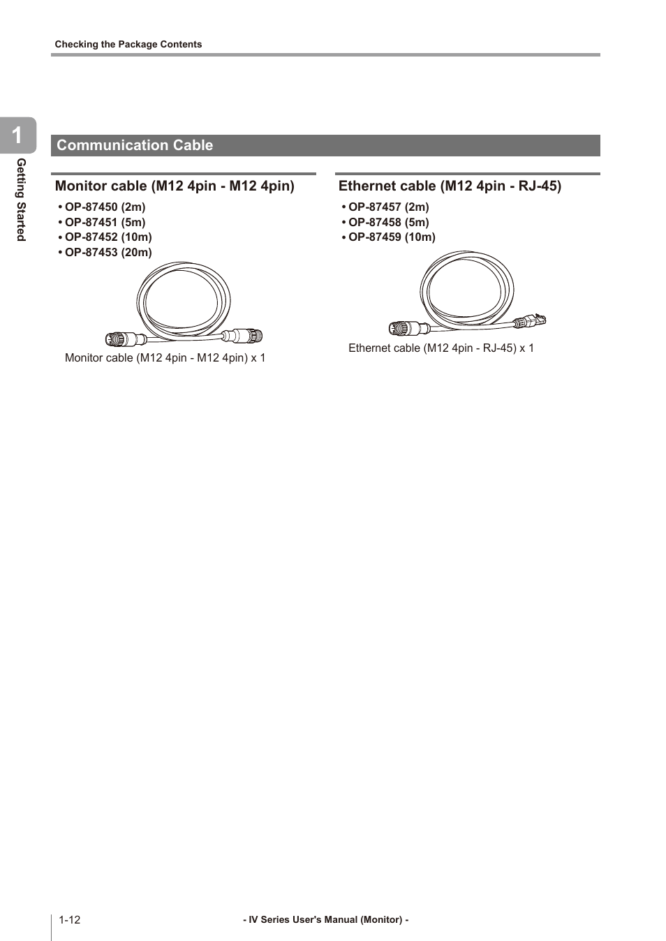 Communication cable, Monitor cable (m12 4pin - m12 4pin), Ethernet cable (m12 4pin - rj-45) | Communication cable -12, Monitor cable (m12 4pin - m12 4pin) -12, Ethernet cable (m12 4pin - rj-45) -12 | KEYENCE IV Series User Manual | Page 28 / 306