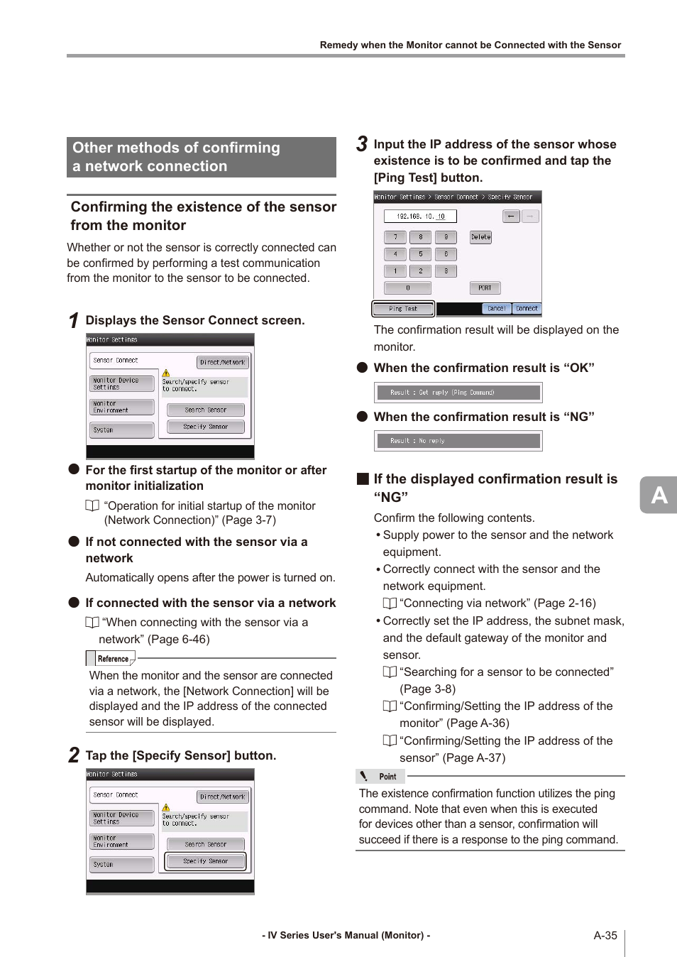 Other methods of confirming a network connection, If the displayed confirmation result is “ng, Other methods of confirming a network | Confirming the existence of, If the displayed confirmation | KEYENCE IV Series User Manual | Page 291 / 306