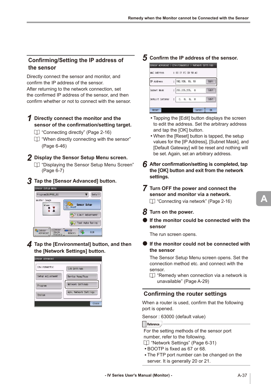 Confirming/setting the ip address of the sensor, Confirming the router settings, Confirming/setting the ip address of | Confirming/setting the ip address of the | KEYENCE IV Series User Manual | Page 293 / 306