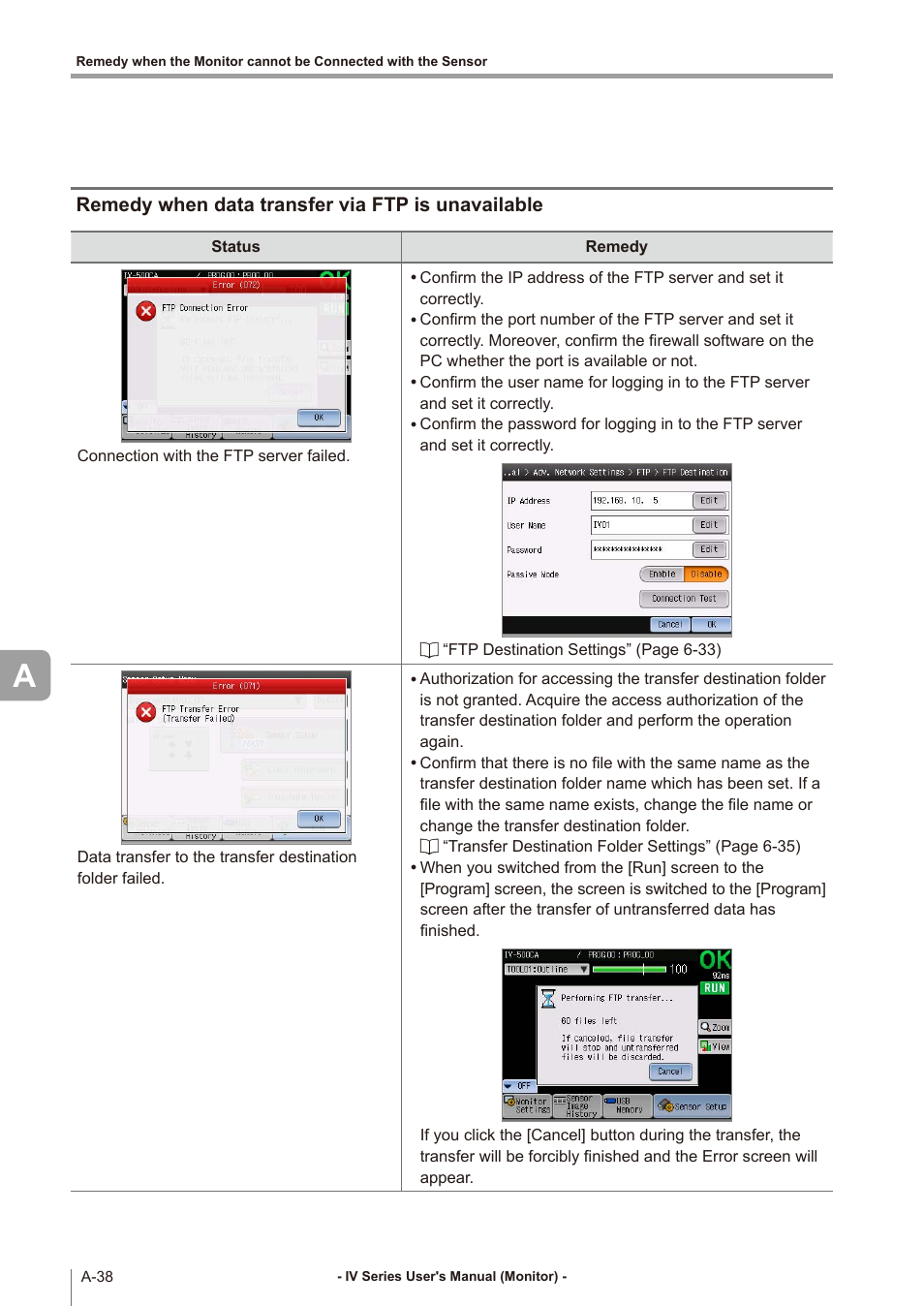 Remedy when data transfer via ftp is unavailable, Remedy when data transfer via, Remedy when data | A-38 | KEYENCE IV Series User Manual | Page 294 / 306