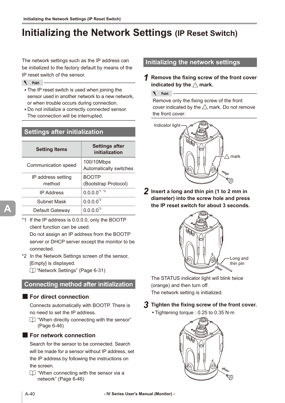 Settings after initialization, Connecting method after initialization, For direct connection | For network connection, Initializing the network settings, For network connection ..................... a-40, Ip reset switch) | KEYENCE IV Series User Manual | Page 296 / 306