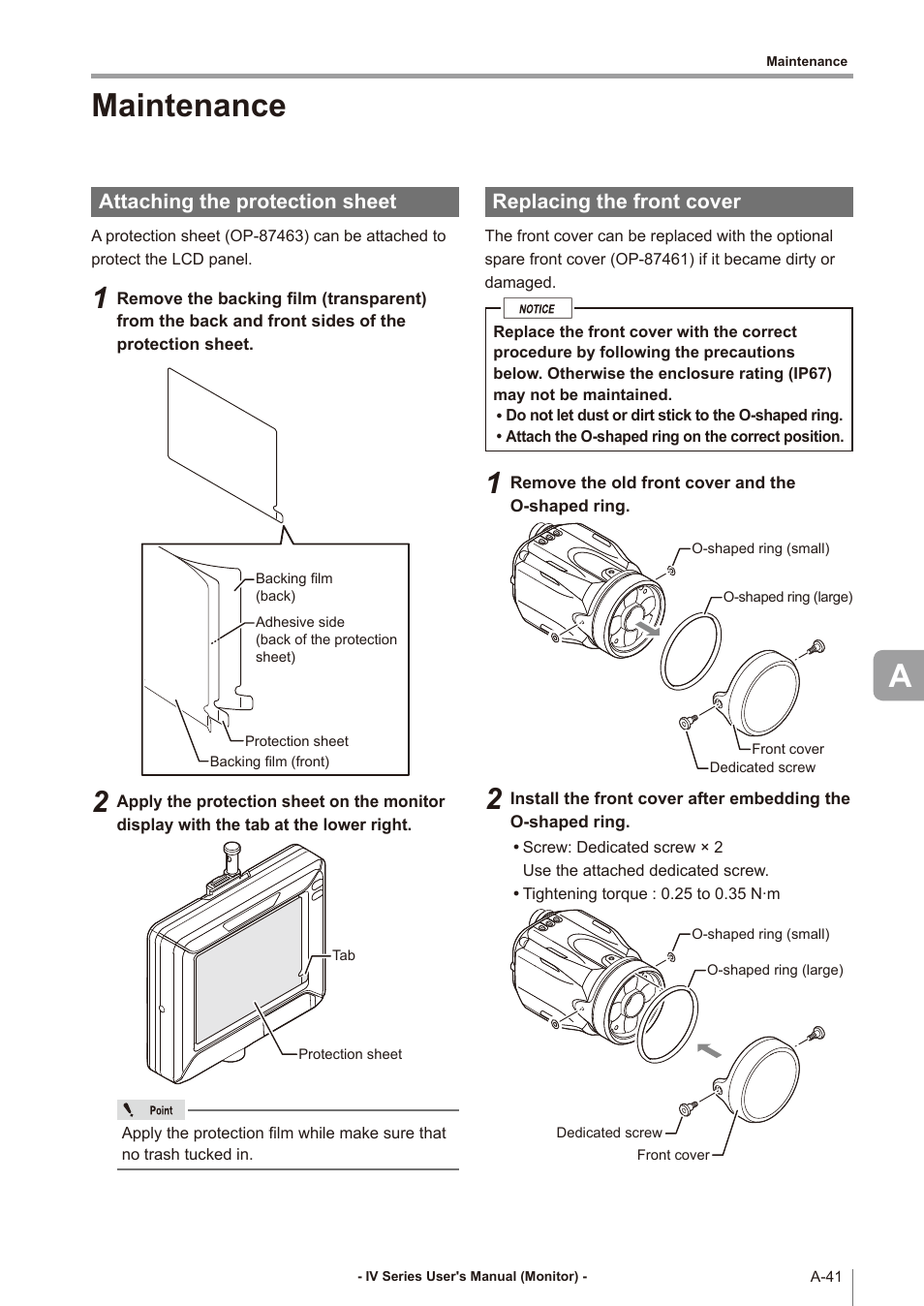 Maintenance, Attaching the protection sheet, Replacing the front cover | A-41 | KEYENCE IV Series User Manual | Page 297 / 306